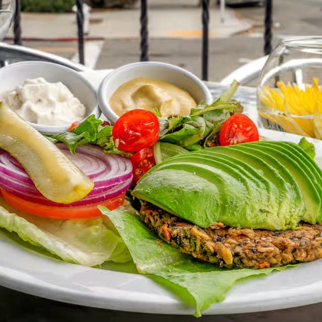 Bunless Vegan Burger & Avocado.